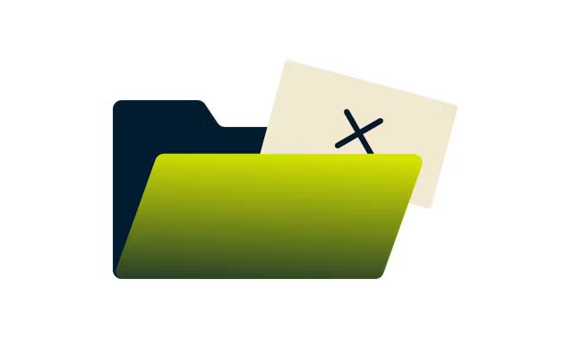 Open green file and a paper with a cross mark through it.