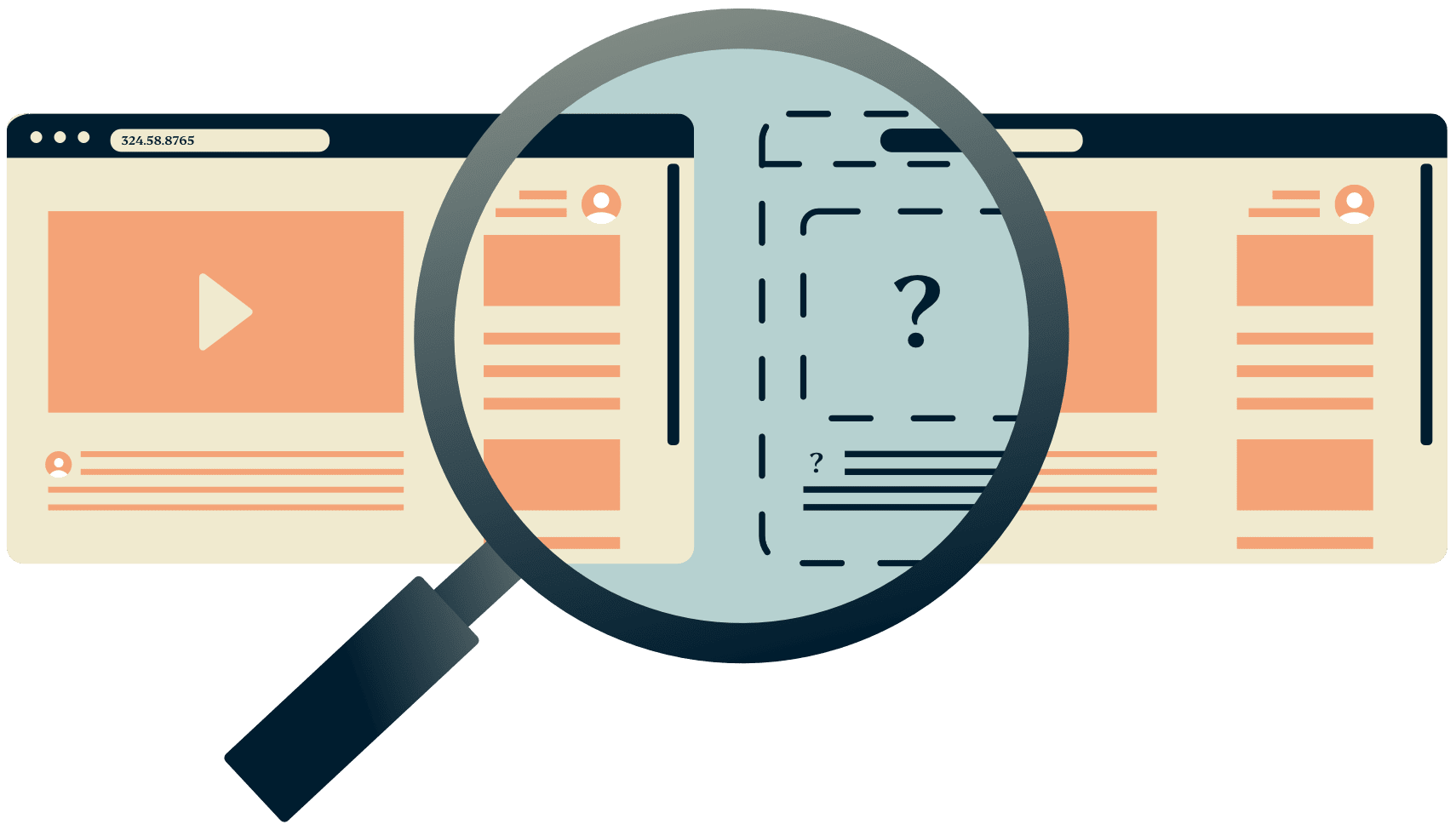 Birinin gizli olduğu iki tarayıcı penceresi üzerinde bir büyüteç.