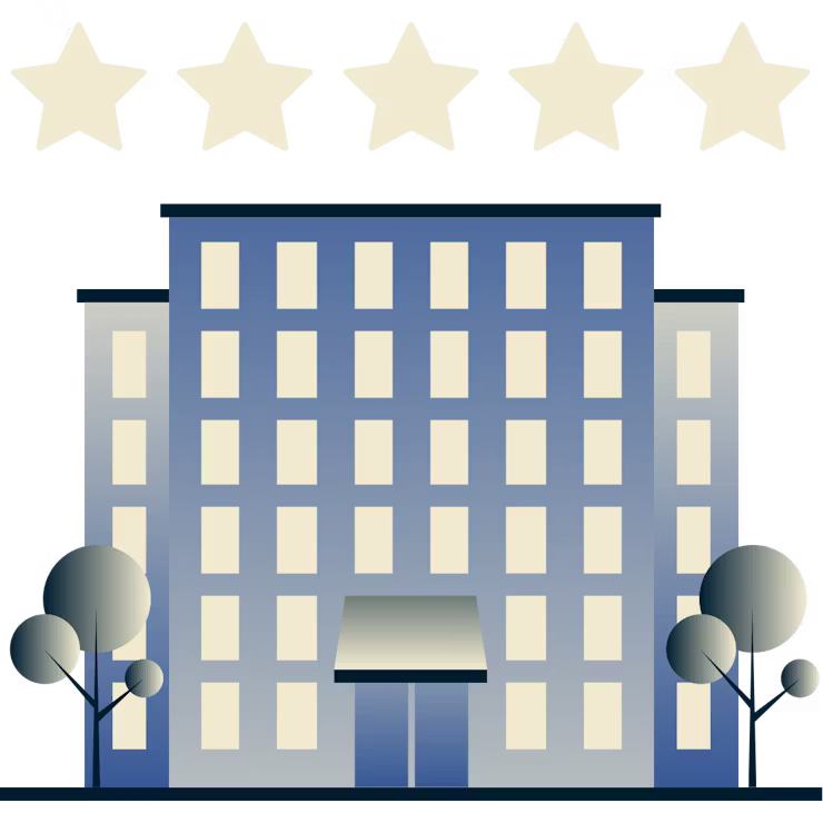 Large hotel with 5 stars hovering above.
