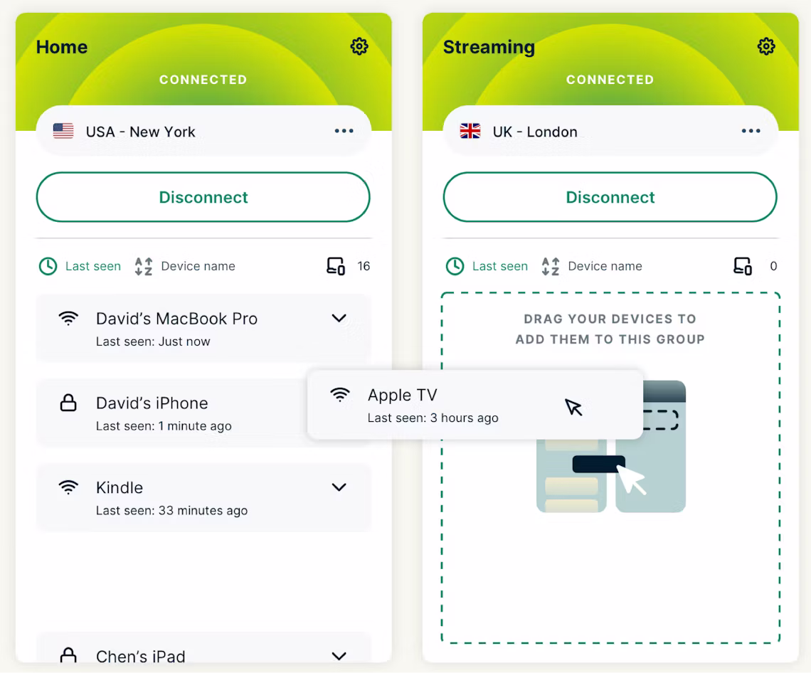 The ExpressVPN for routers interface, showing two device groups and the devices that are connected to them.