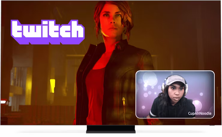 Twitch logo, game en streamer op scherm.