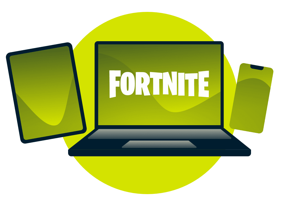 Diversi dispositivi con il logo di Fortnite.