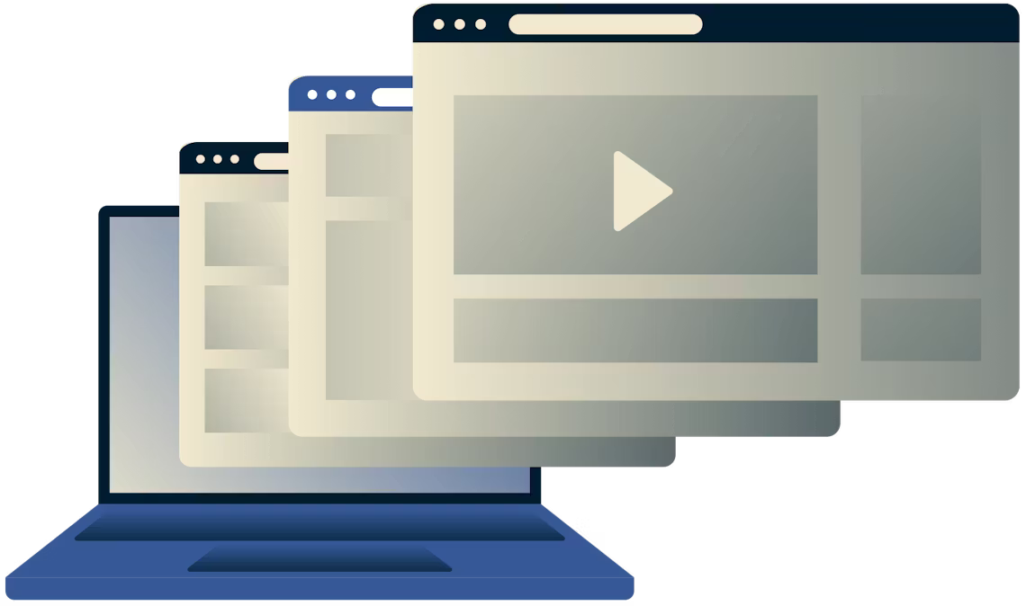 Ta bort blockering av video, musik, sport och sociala medier. Bärbar dator med flera webbläsarfönster.