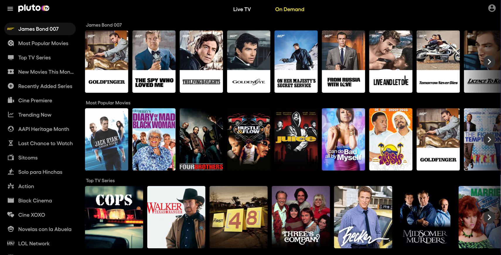 Interface de Pluto TV