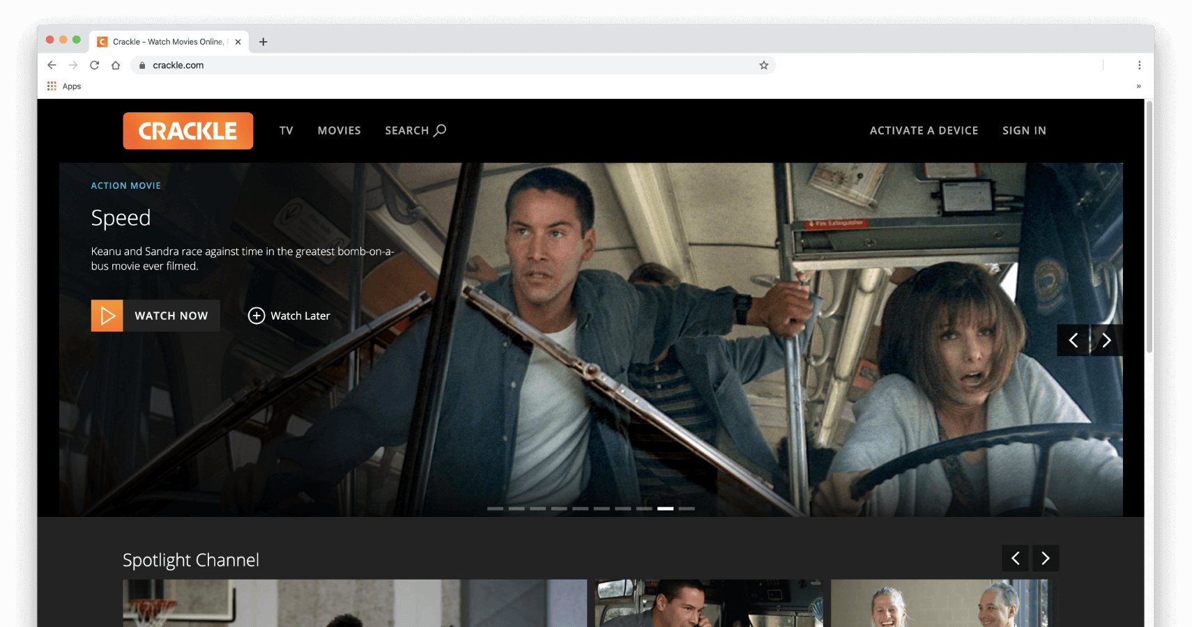 Crackle на экране настольного ПК.