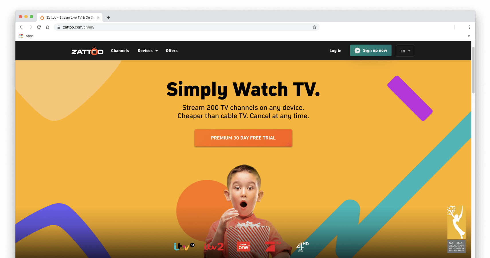 Screenshot of Zattoo’s homepage.