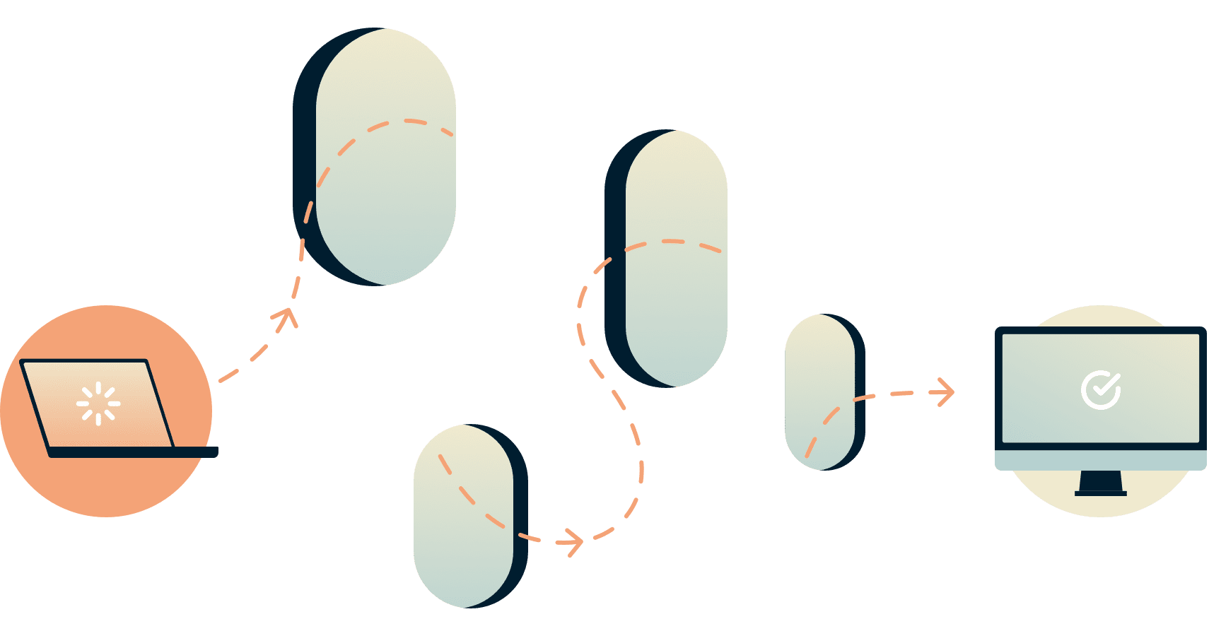 Forbindelse til bærbar computer, der går gennem forskellige huller for at nå en anden computer.