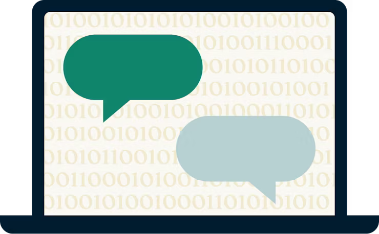 ノートパソコン画面上のバイナリコードと吹き出し。