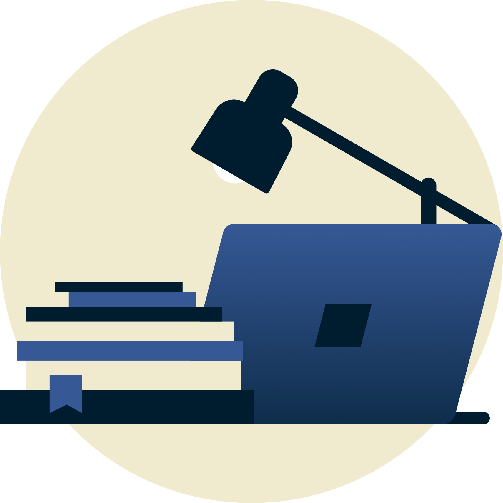 Lâmpada sobre os livros escolares e laptop voltados para longe de você.