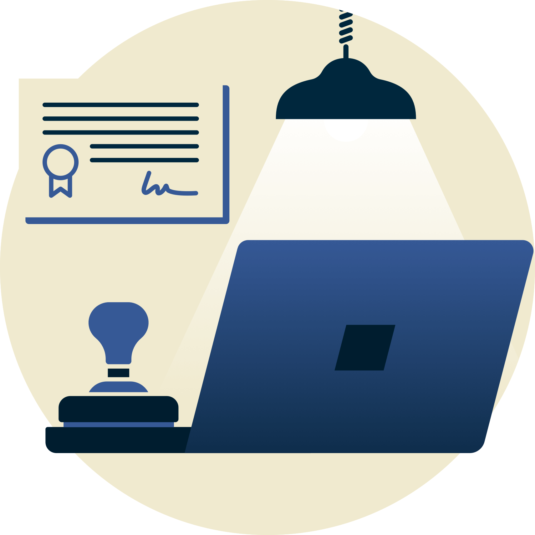 Lâmpada sobre carimbo de borracha e laptop, com certificado no fundo.