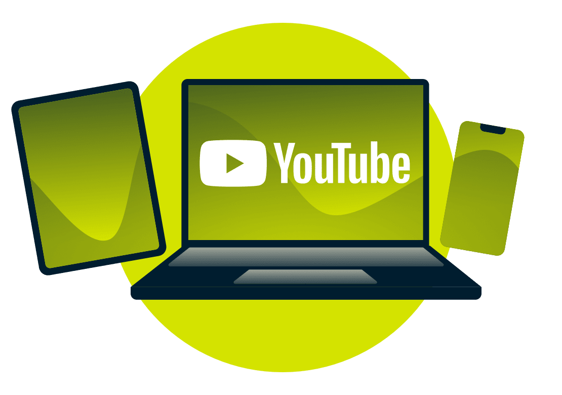 Um laptop, tablet e telefone, com o logotipo do YouTube.