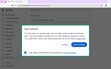 Confirm to reset settings in Google Chrome on desktop.