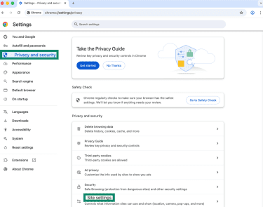 Privacy settings on Google Chrome