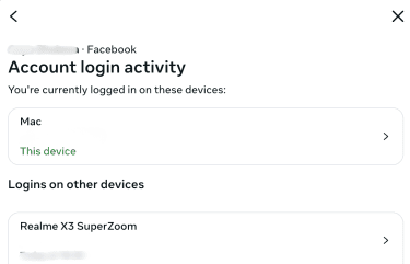 Account login activity Facebook.