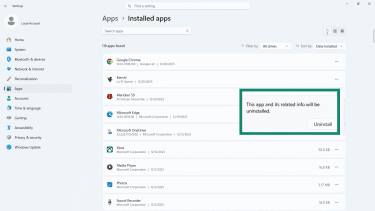 Prompt "This app and its related info will be uninstalled" on Windows 11.