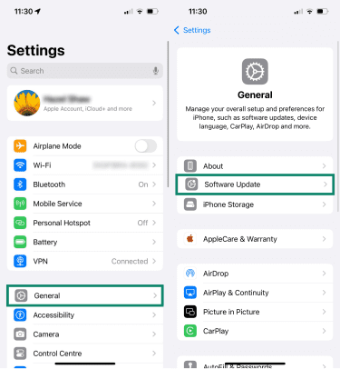 Two side-by-side screenshots of iOS settings, highlighting General settings and the "Software Update" option.