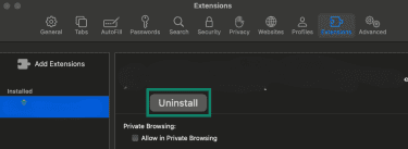 Safari Extensions settings screen with an Uninstall button highlighted for a selected extension