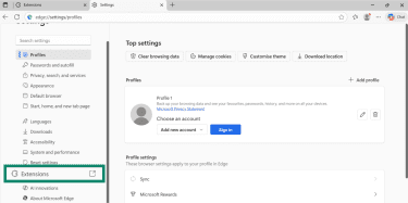 Microsoft Edge Settings page with Extensions section button highlighted.
