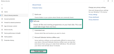 Windows Virus & threat protection settings window with Full scan option and Scan now button highlighted.