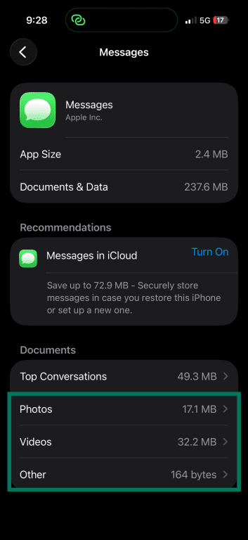 Messages storage breakdown showing photos and videos size.