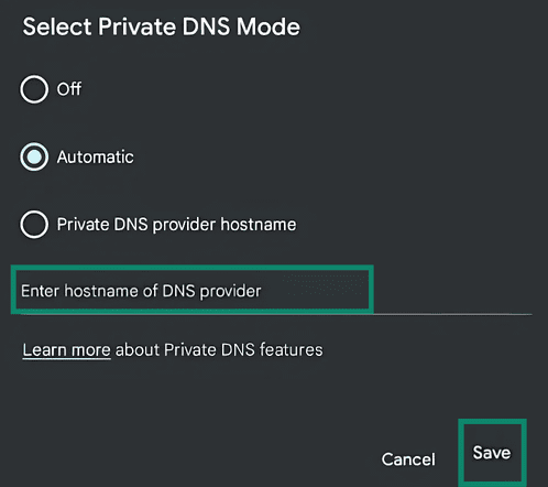 The Select Private DNS Mode panel on Android, which allows you to input new DNS addresses.