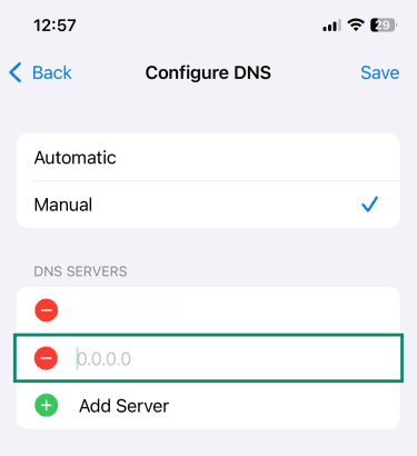 The Configure DNS panel on iOS with highlighted fields for adding new DNS addresses.