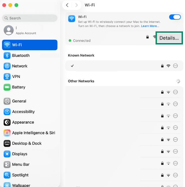 Details for Wi-Fi connection on macOS