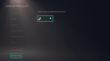 The "User and Accounts" page on a PlayStation 5. The "Delete Users" option and a user profile are highlighted.