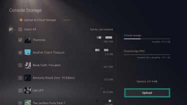 The "Console Storage" page on a PlayStation 5. Two games are selected and the "Upload" button is highlighted.