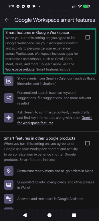 The menu to disable smart Workplace features, with an outline around the check box to toggle it.