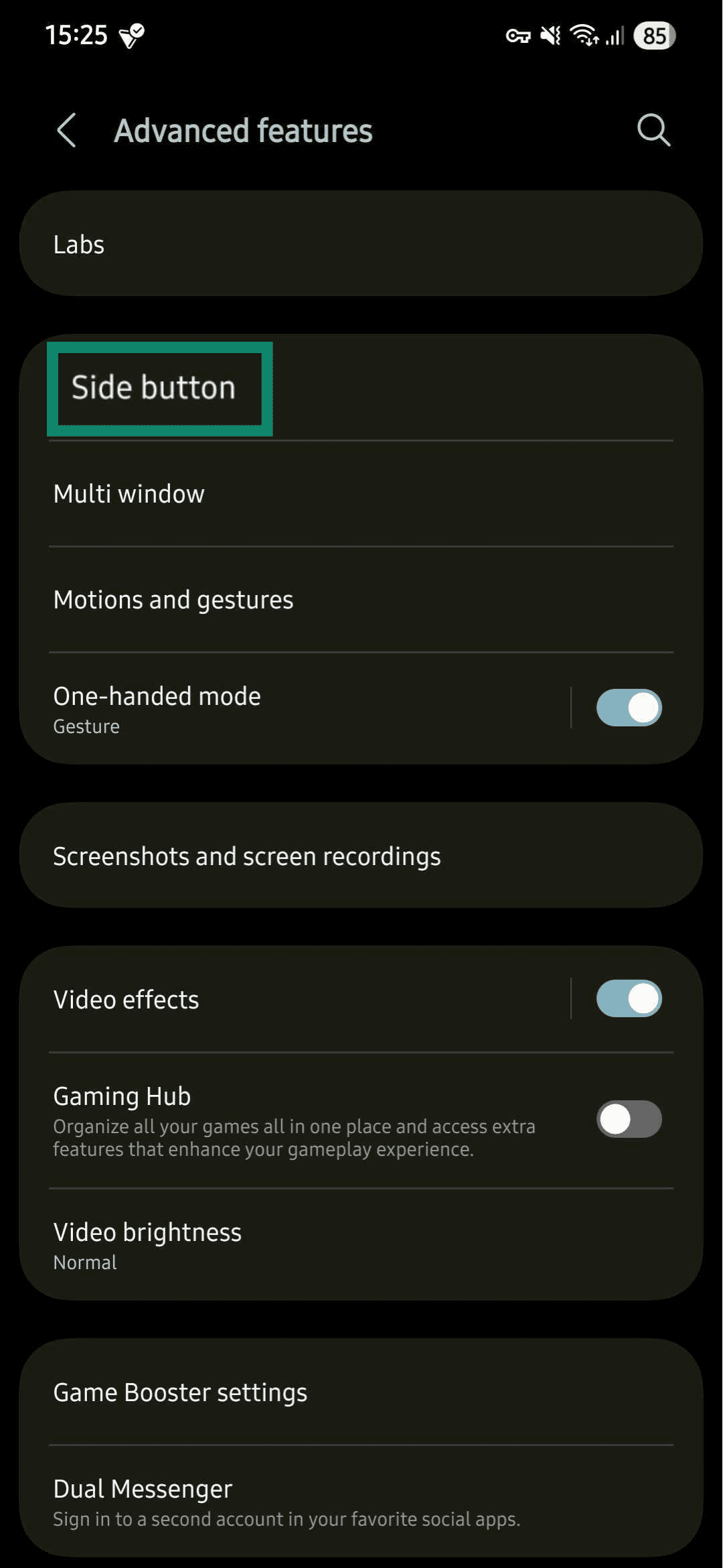 The Samsung Advanced features menu, emphasizing the Side button menu.