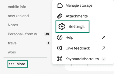 Yahoo Mail left menu showing More and Settings options.