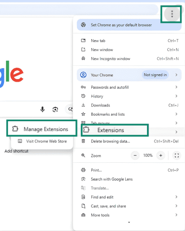 How to find extensions menu in Google Chrome.