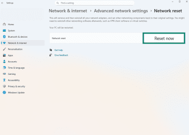 The network reset page of the Windows Settings app, showing the reset now button.