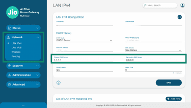 Jio AirFiber router DNS settings with custom servers highlighted