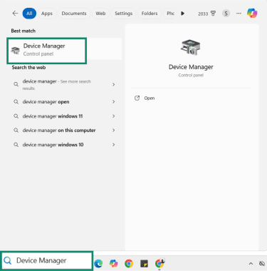 Device manager is entered in teh Windows search bar and the menu displays the Device Manager.