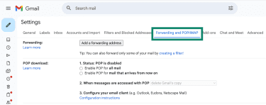 Gmail's settings overview with the Forwarding and POP/IMAP tab highlighted.
