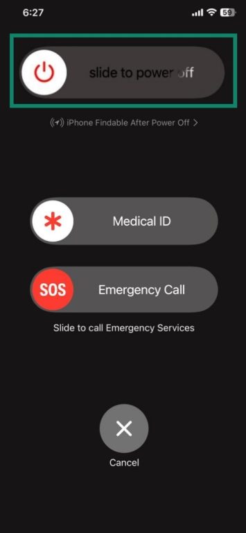 iPhone with slider to power off highlighted.