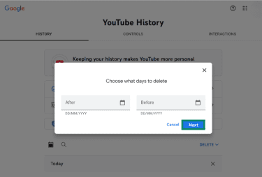 YouTube History with date range picker open