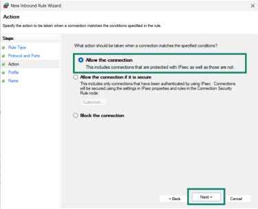 Window Inbound port rules window showing the Allow the connection option highlighted.