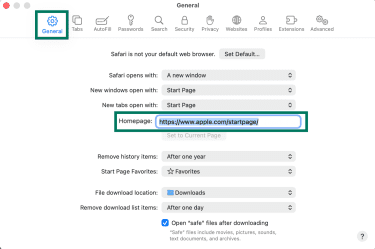 Safari Settings General tab showing Homepage field