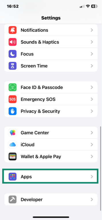 iOS Settings open with Apps option highlighted