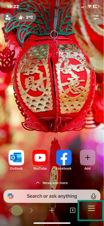 Edge open on iOS with three-line menu highlighted