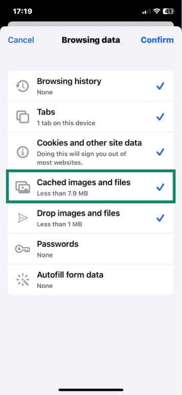 Edge on iOS showing Browsing data with Cached images and files highlighted