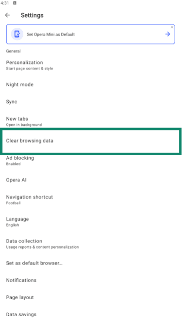 Opera Android Settings with Clear browsing data highlighted