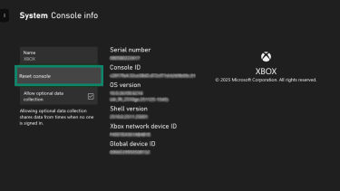 Xbox System Console info menu with the Reset console option highlighted.