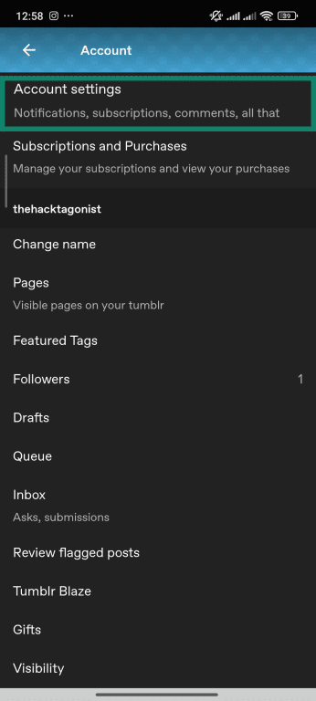 How to access Tumblr account settings page on mobile
