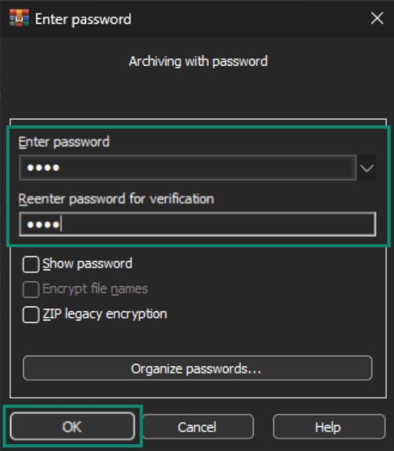Confirming WinRAR ZIP password