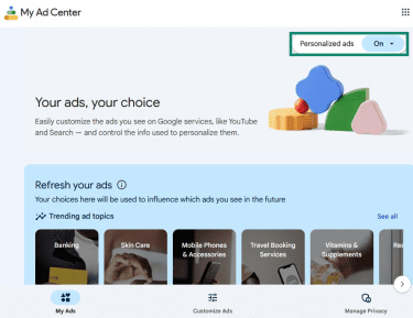 Google My Ad Center with Personalized ads: On highlighted.