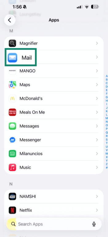 "Mail" option highlighted in the "Apps" section on an iPhone.